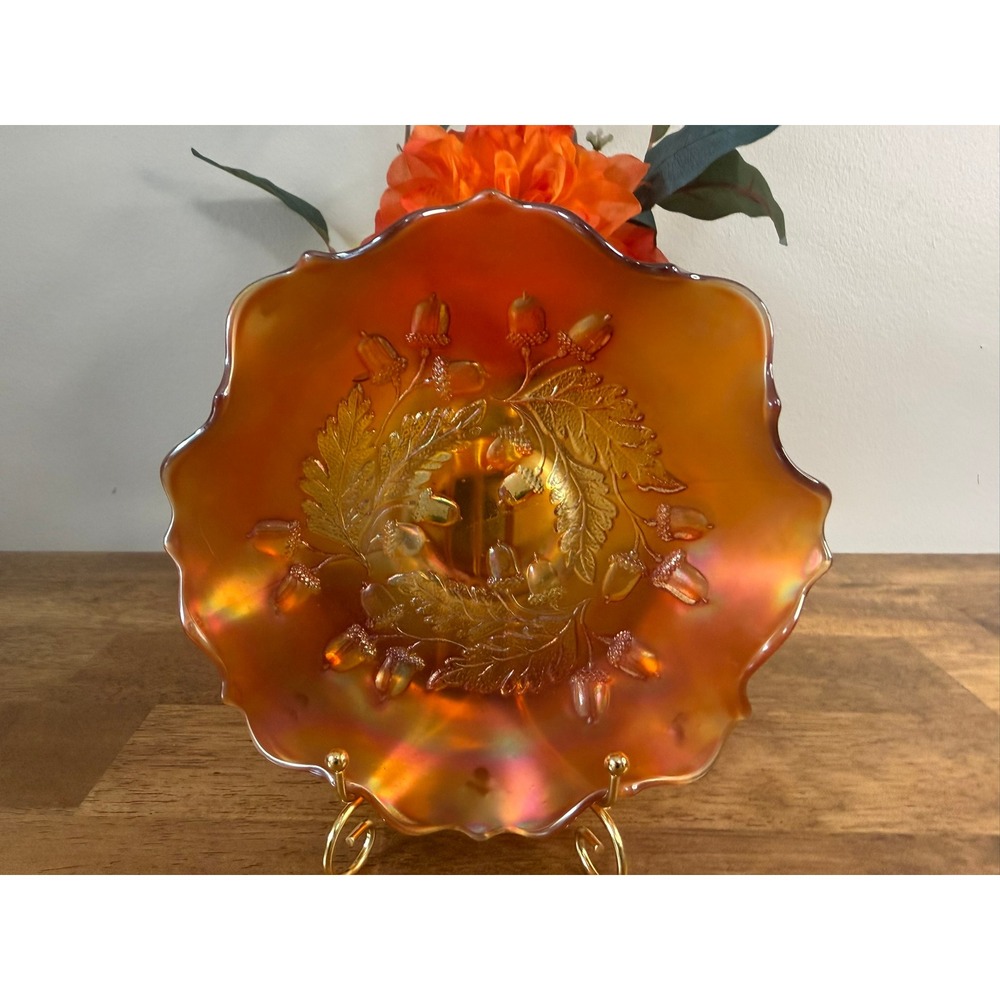 Vintage Fenton Marigold Carnival Glass Acorn & Oak Leaves Bowl Ruffled Scalloped